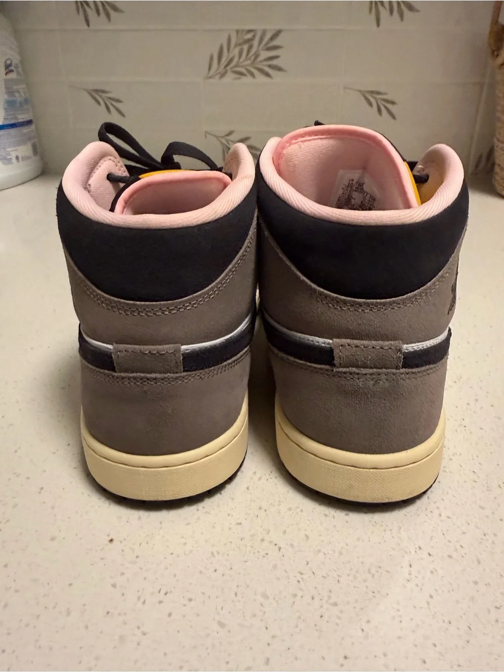 Jordan Mid Sneakers White Black Gray with Pink and Yellow Accents